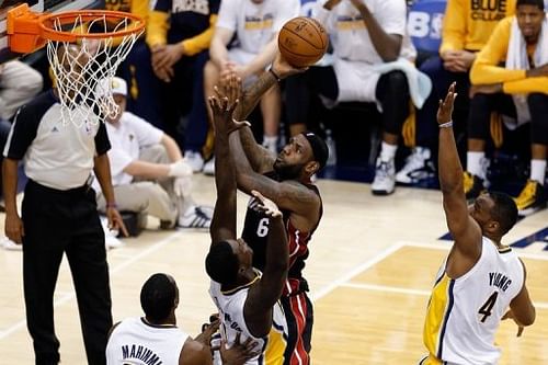 The Miami Heat's LeBron James attempts a shot during the game against the Indiana Pacers on May 28, 2013