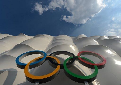 Olympic rings adorn the Basketball Stadium for the Games in London on July 25, 2012