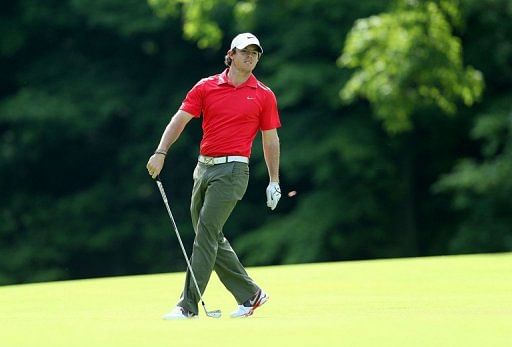 Rory McIlroy watches his second shot on the par 5 15th hole at the Memorial Tournament on May 30, 2013, in Dublin, Ohio