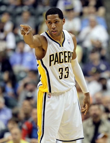 Danny Granger #33 of the Indiana Pacers celebrates during the NBA game against the Minnesota Timberwolves at Bankers Life Fieldhouse on April 16, 2012 in Indianapolis, Indiana.  NOTE TO USER: User expressly acknowledges and agrees that, by downloading and/or using this Photograph, user is consenting to the terms and conditions of the Getty Images License Agreement.  (Photo by Andy Lyons/Getty Images)