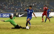 Indian captain Sunil Chetri and Maldives players vie for the ball during the Nehru Cup match in New Delhi on Saturday. (Photo by K Asif/India Today Group/Getty Images)
