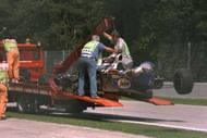 1 May 1994: Ayrton Senna's Williams Renault is hauled off the circuit after Senna crashed during the San Marino Grand Prix at the Imola circuit in San Marino. Senna suffered a fatal accident when the steering column apparently sheared leaving the Brazilian helpless as his car speared into the concrete wall at the Tamburello corner. Senna was officially pronounced dead in a Bologna hospital later that afternoon. (Getty Images)