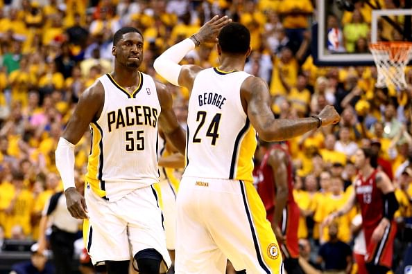 Roy Hibbert #55 of the Indiana Pacers celebrates with teammate Paul George #24 after scoring against the Miami Heat in Game Six of the Eastern Conference Finals during the 2013 NBA Playoffs at Bankers Life Fieldhouse on June 1, 2013 in Indianapolis, Indiana. (Getty Images)