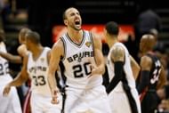 Manu Ginobili #20 of the San Antonio Spurs reacts after making a basket in the third quarter against the Miami Heat during Game Five of the 2013 NBA Finals at the AT&T Center on June 16, 2013 in San Antonio, Texas. (Getty Images)