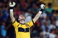 Goalkeeper David de Gea of Spain celebrates after team mate isco scored his team's fourth goal during the UEFA European U21 Championship final match between Italy and Spain at Teddy Stadium on June 18, 2013 in Jerusalem, Israel. (Photo by Alex Grimm/Getty Images)
