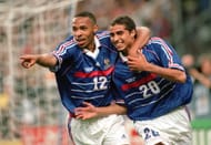 1998 World Cup Finals. Paris, France. 18th JUNE 1998. France 4 v Saudi Arabia 0. France's David Trezeguet (20) , who has just scored France's 3rd goal celebrates with Thierry Henry.