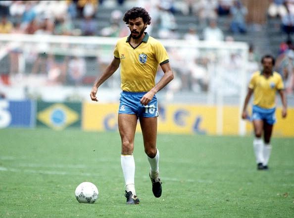 1986 World Cup Finals. Guadalajara, Mexico. 12th June, 1986. Brazil 3 v Northern Ireland 0. Brazil&#039;s Socrates on the ball.