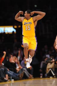Ron Artest #15 of the Los Angeles Lakers jumps while flexing his muscles after dunking against the Los Angeles Clippers at Staples Center on March 25, 2011 in Los Angeles, California. (Getty Images)