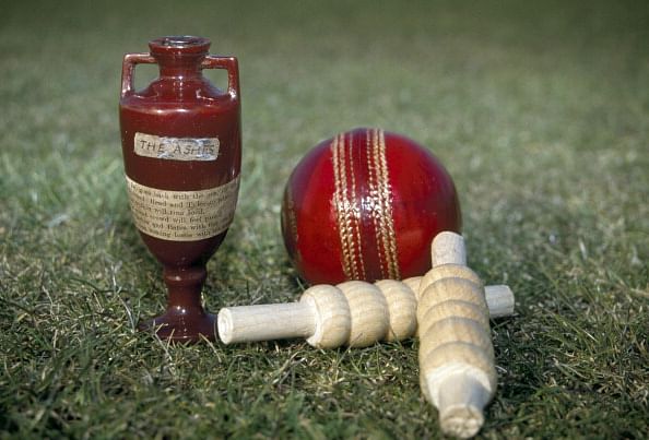 The Ashes urn which is the trophy that England and Australia compete for in cricket Test matches, 1st  May 2011. The urn is photographed adjacent to a cricket ball and a pair of bails, to show a comparison of their respective sizes. (Getty Images)