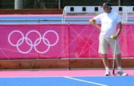 Indian men's hockey team coach Michael Nobbs surveys the field during a training session at the Old Loughtonians Hockey Club at Chigwell in Essex on July 26, 2012 one day before the official start of the London 2012 Olympic Games. (Getty Images)