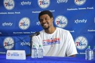 Andrew Bynum #33 of the Philadelphia 76ers speaks to the media during a press conference after being traded from the Los Angeles Lakers on August 15, 2012 at the National Constitution Center in Philadelphia, Pennsylvania. (Getty Images)