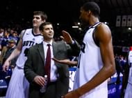 Brad Stevens congratulates Kameron Woods #31 of the Butler Bulldogs following their 67-62 win against the Xavier Musketeers at Hinkle Fieldhouse on March 9, 2013 in Indianapolis, Indiana. The new C's Head Coach had a great great relationship with his players and staff. (Getty Images)