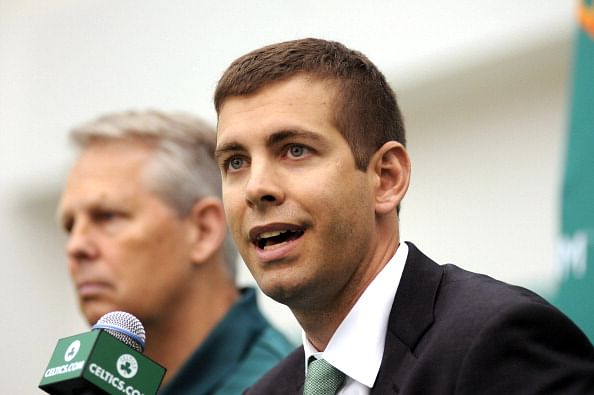  New Boston Celtics head coach Brad Stevens is introduced to the media July 5, 2013 in Waltham, Massachusetts. Stevens was hired away from Butler University where he led the Bulldogs to two back to back national championship game appearances in 2010, and 2011.  (Getty Images)