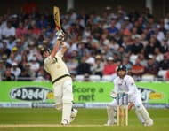 Steve Smith of Australia hits out watched by wicketkeeper Matt Prior of England during day one of the 1st Investec Ashes Test match between England and Australia at Trent Bridge Cricket Ground on July 10, 2013 in Nottingham, England. (Getty Images)