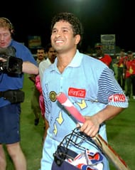 India's Sachin Tendulkar enjoys a moment of glory