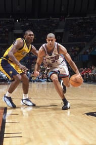 Back when: Shane Battier #31 of the Memphis Grizzlies drives past Ron Artest #15 of the Indiana Pacers at The Pyramid Arena in Memphis, Tennesse. (Getty Images)