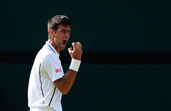 Novak Djokovic pumped up during his epic semi-final encounter against Juan Martin Del Potro