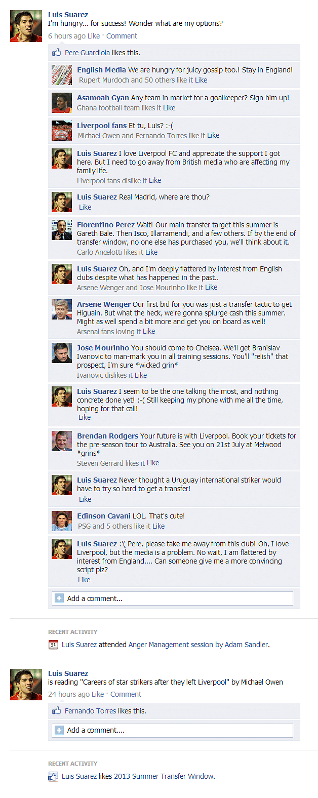 Fake FB wall: Suarez wonders where he is headed