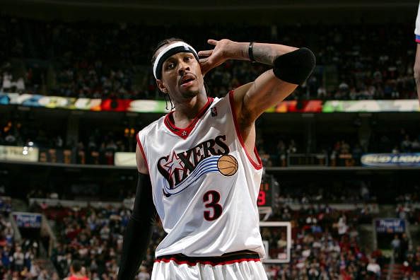 Iverson #3 of the Philadelphia 76ers signals the crowd to get loud during the game against the Atlanta Hawks on February 4, 2005 at the Wachovia Center in Philadelphia, (Getty Images)