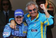 Fernando Alonso celebrates his victory with Team principal Flavio Briatore in Monaco, 2006.