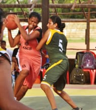 Ashey Mathew for KSEB against Central Railway Mumbai. KSEB made it to the Finals. Photo Courtesy: Kerala Basketball Association.