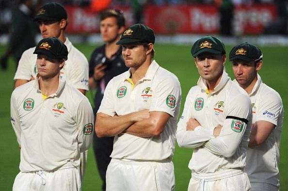 Michael Clarke (2ndR) of Australia looks dejected with team mates Steve Smith, Shane Watson and Phil Hughes during the presentation on day five of the 5th Investec Ashes Test match between England and Australia at the Kia Oval on August 25, 2013 in London, England.  (Getty Images)