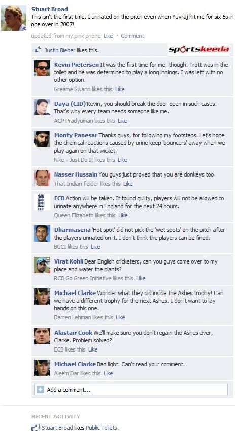 Fake FB Wall: Broad confesses to urinating on the pitch