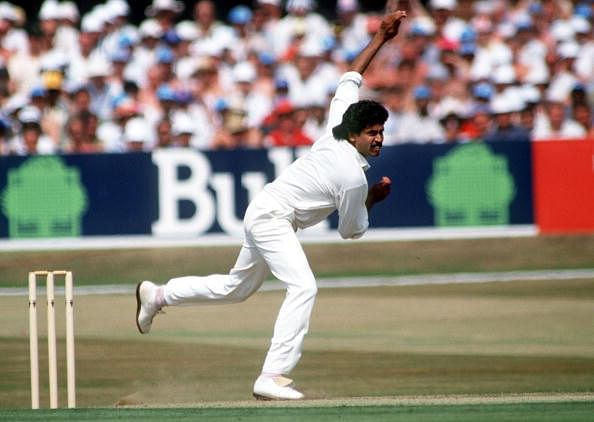 Sport. Cricket. pic:18th July 1990. Texaco 1 Day International at Headingley. England beat India. Kapil Dev, India. Kapil Dev was the first genuine pace bowler India produced after partition, playing in Tests from 1978-1994, and was also a recognised big