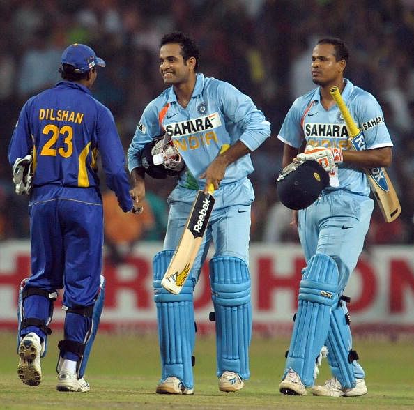 Back from the dead: Sri Lanka&#039;s Thillakeratne Dilshan (L) congratulates Irfan Pathan (C) and Yusuf Pathan (R) after  they led India to a win in the only T20I at the R Premadasa in Colombo on February 10, 2009. (Getty Images)