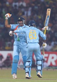 Brother in arms: Yusuf (L) and Irfan Pathan (R) celebrate India's win in the only T20I vs. Sri Lanka at the R Premadasa in Colombo on February 10, 2009. (Getty Images)