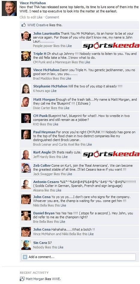Fake FB Wall: Vince Mcmahon wants to recruit talent from TNA