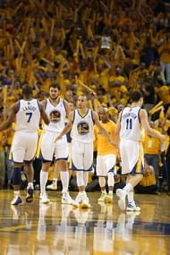 Stephen Curry #30 of the Golden State Warriors celebrates against the Denver Nuggets during Game Six of the Western Conference Quarterfinals of the 2013 NBA Playoffs at ORACLE Arena on May 2, 2013 in Oakland, California. (Getty Images)