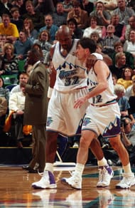 Pow-Pow: The greatest two-punch the NBA has ever seen: Karl Malone #32 and John Stockton #12. (Getty Images)