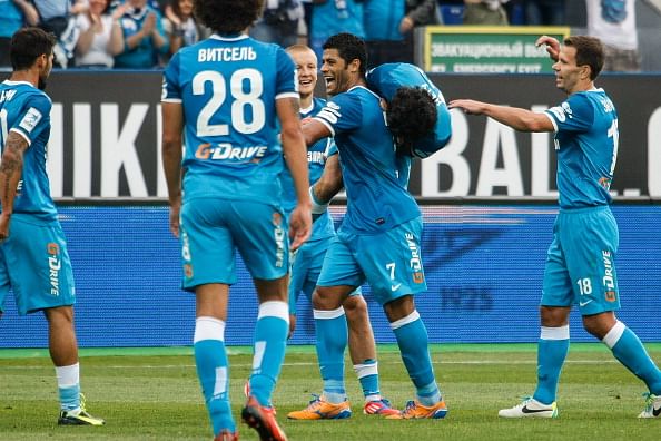 Hulk (C) celebrates his goal with teammates during the Russian Football League Championship match between FC Zenit St. Petersburg and FC Anzhi Makhachkala at the Petrovsky stadium on August 17, 2013 in St. Petersburg, Russia. (Getty Images)