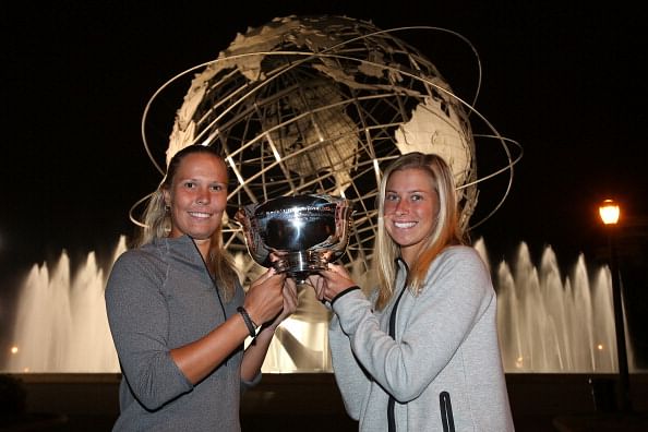 Andrea Hlavackova (R)  and Lucie Hradecka pose with the trophy in front of the Unisphere after winning their women&#039;s doubles final against Ashleigh Barty and Casey Dellacqua at the 2013 US Open on September 7, 2013 in New York City.  (Getty Images)