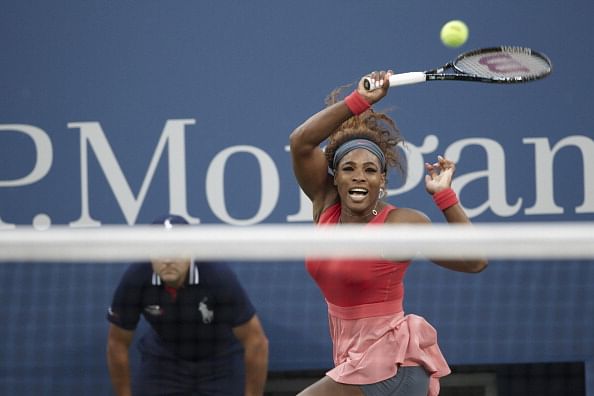 Serena Williams in action vs Victoria Azarenka during the US Open Women&#039;s Final