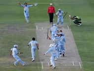 The Indian team celebrate their win with Misbah-ul-Haq looking on after the Twenty20 Championship Final match between Pakistan and India at The Wanderers Stadium on September 24, 2007 in Johannesburg, South Africa. (Getty Images)