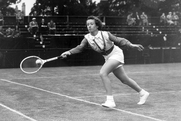 Maureen Connolly, USA, playing in the Northern Championships in Manchester, Maureen Connolly, known as &quot;Little Mo&quot; won the Ladies Singles Championships at Wimbledon 3 years running, 1952, 1953, 1954
