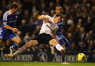 Gareth Bale of Tottenham Hotspur takes a shot at the goal during the Barclays Premier League match between Tottenham Hotspur and Chelsea at White Hart Lane on December 22, 2011