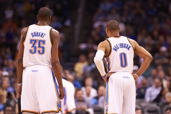 Kevin Durant (35) and Russell Westbrook (0) during game vs Chicago Bulls 