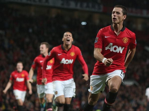 Javier &quot;Chicharito&quot; Hernandez celebrates scoring their first goal during the Capital Cup Third Round match between Manchester United and Liverpool at Old Trafford on September 25, 2013 in Manchester, England.  (Getty Images)