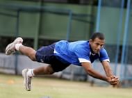 Indian cricketer Irfan Pathan dives