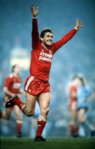 Sport. Football. pic: 25th February 1987. Littlewoods Cup Semi-Final 2nd Leg. Liverpool 3. v Southampton 0. Liverpool win 3-0 on agg. Liverpool's Player/Manager Kenny Dalglish races away to celebrate after scoring the 2nd goal. Kenny Dalglish had a long c