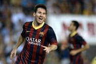 Common sight: Lionel Messi celebrates after scoring a goal at the Mestalla