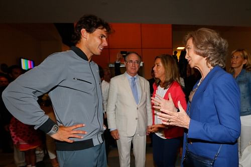 Rafael Nadal of Spain is congratulated by Queen Sophia of Spain after winning the men’s singles final match against Novak Djokovic