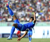 Syed Rahim Nabi kicks the ball against Nepal