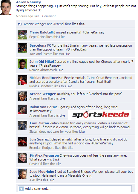 Fake FB Wall: Mourinho, RVP, Suarez, Barcelona - they all #BlameRamsey