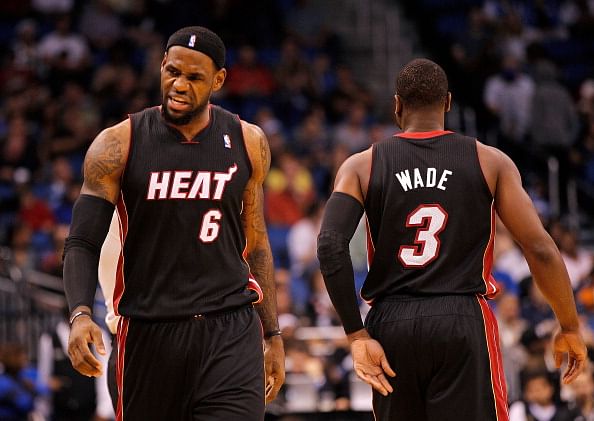 LeBron James #6 and Dwyane Wade #3 of the Miami Heat