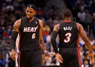 LeBron James #6 and Dwyane Wade #3 of the Miami Heat