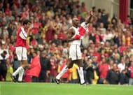 Patrick Vieira celebrates his first goal for Arsenal during the FA Carling Premier League match against Charlton Athletic played at Highbury in London. Arsenal won the game 5-3.